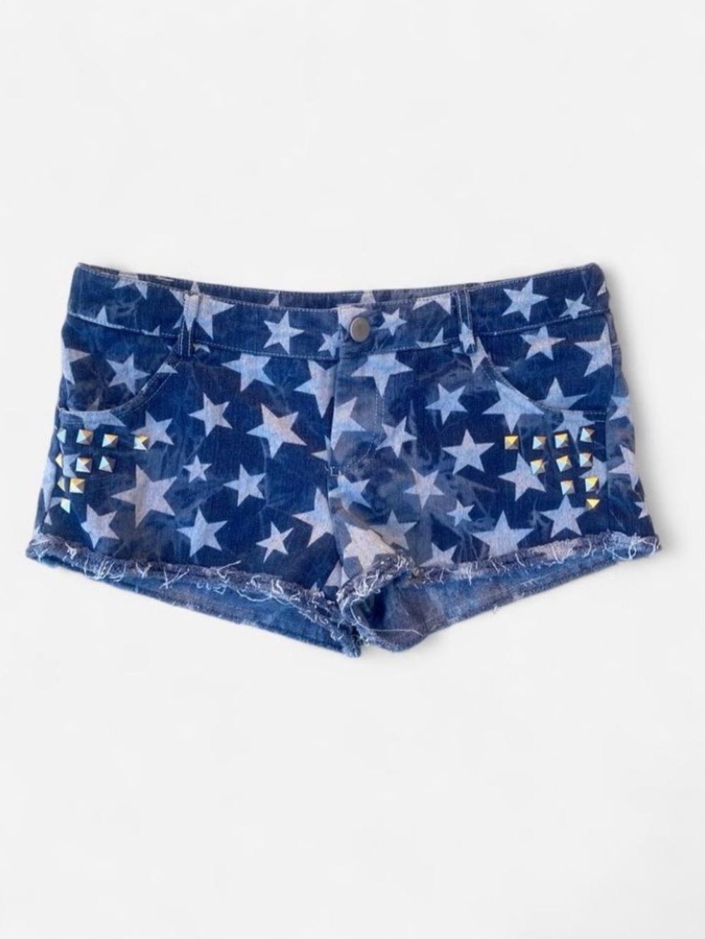 Y2k Star Print Denim Low Rise Micro Mini Shorts with Studded Detail